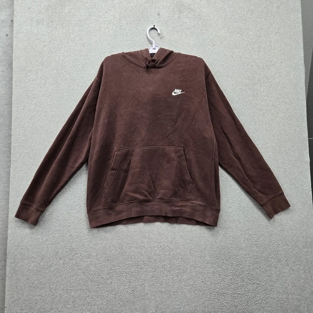 Nike Men Hoodie L Brown Sportswear Club Fleece Swoosh Logo Spellout Embroidered